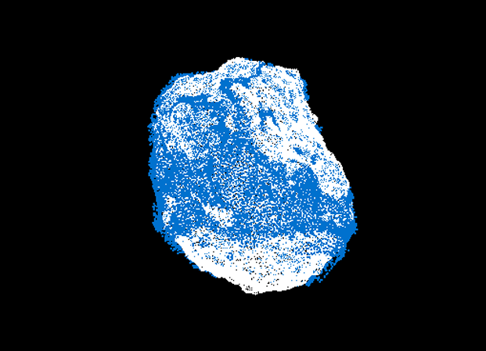 Blue and white reconstructed sparse point cloud of a rock on a black background